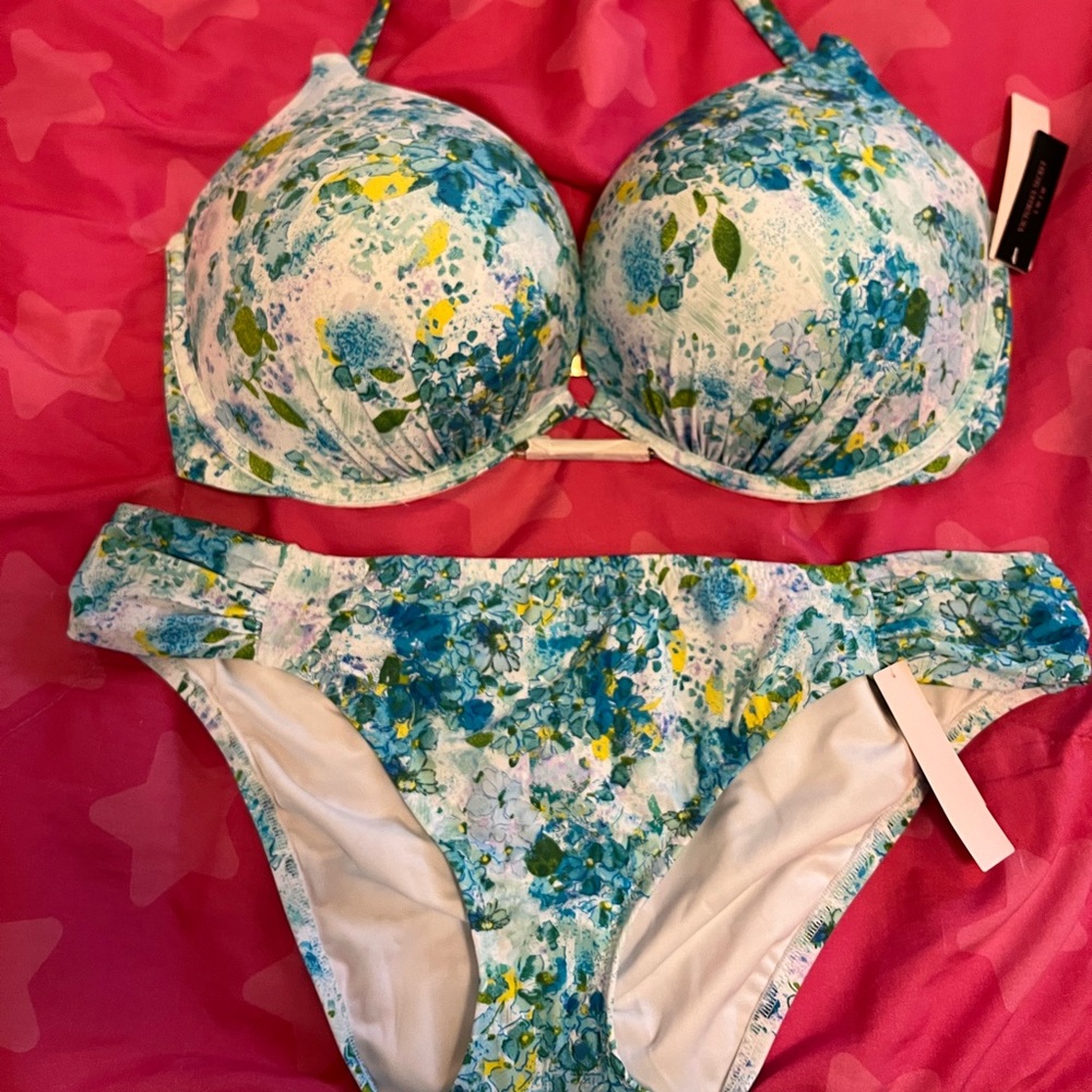 Victoria’s Secret Bombshell Swim Top 38DD Hipster Bottom XL blue floral NWT